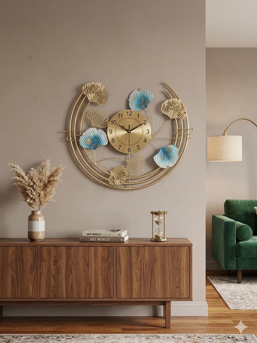 Mahira Artefacts Luxury Metal Wall Clock with Ginkgo Leaf 3D Art, Gold and Blue, Designer Decorative for Living Room, Bedroom and Office