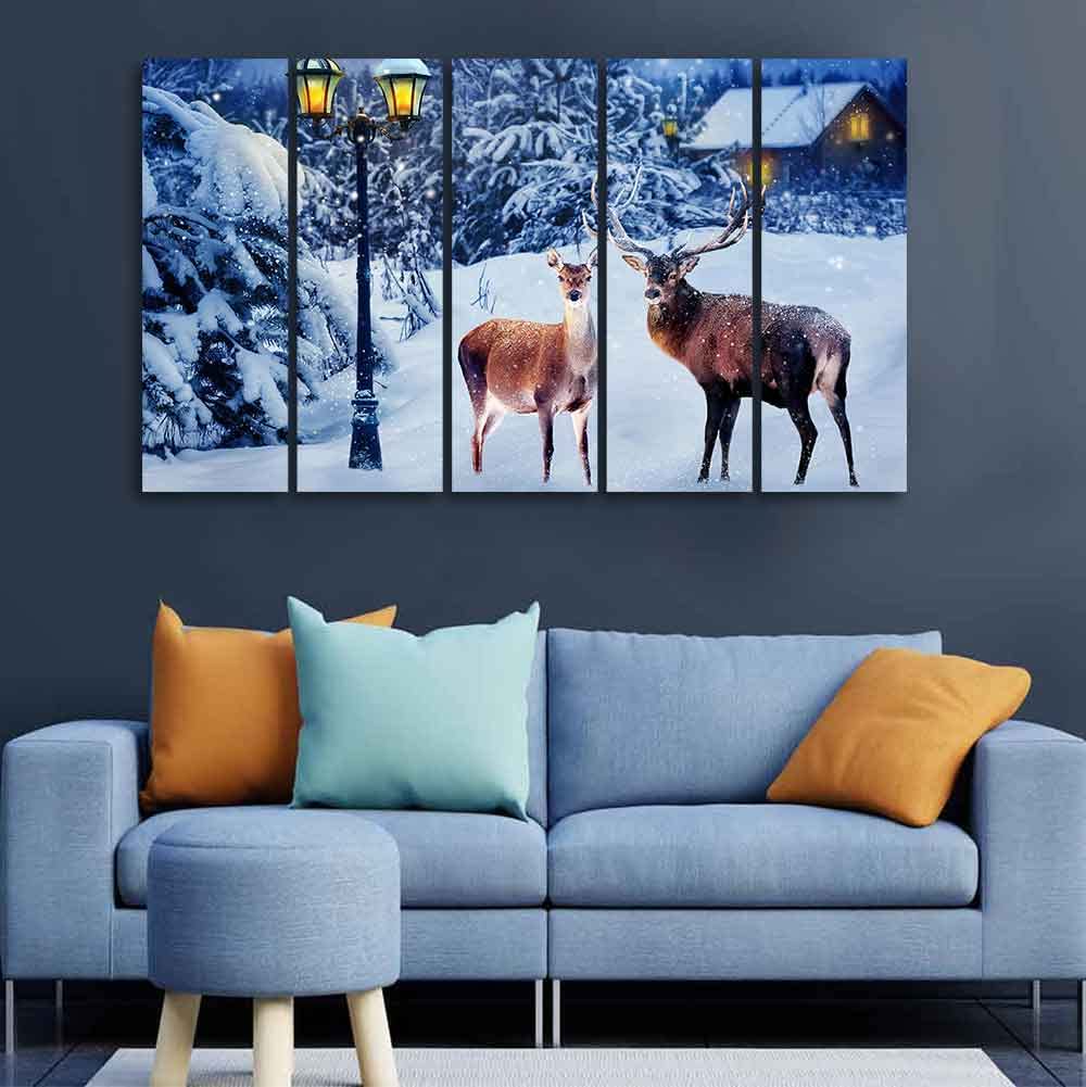VIBECRAFTS Deer In Snowy Forest 5 Pieces Canvas Wall Painting For Home | Office | Living Room | Gift (PTVC5Pcs4_8542)