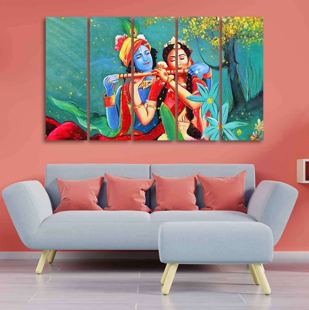 VIBECRAFTS Abstract Art Radha Krishna Wall Painting of Five Pieces For Home|Office|Living Room|Gift (PTVC5Pcs4_8705)