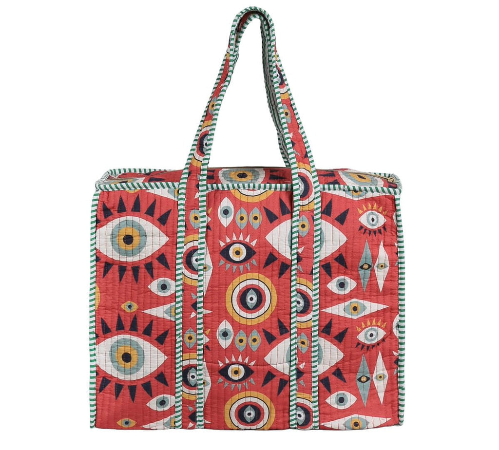 India Circus by Krsnaa Mehta Malocchio Stare Quilted Cotton Tote Bag | Travel Shoulder Bag with Zipper & Pocket | Lightweight Durable & Stylish for Daily Use Shopping & Travel Bag