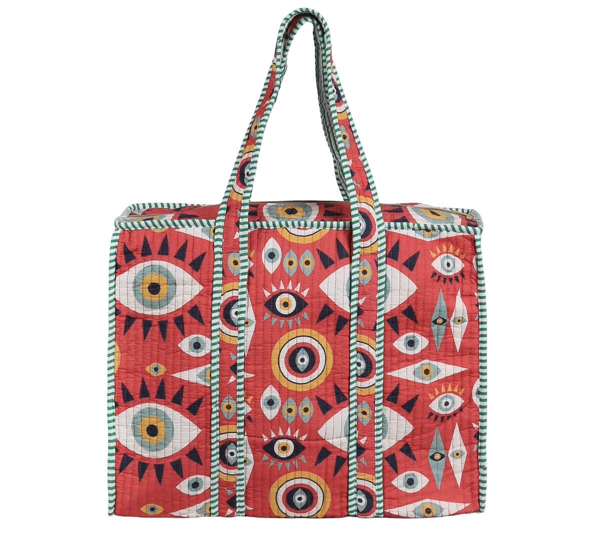 India Circus by Krsnaa Mehta Malocchio Stare Quilted Cotton Tote Bag | Travel Shoulder Bag with Zipper & Pocket | Lightweight Durable & Stylish for Daily Use Shopping & Travel Bag