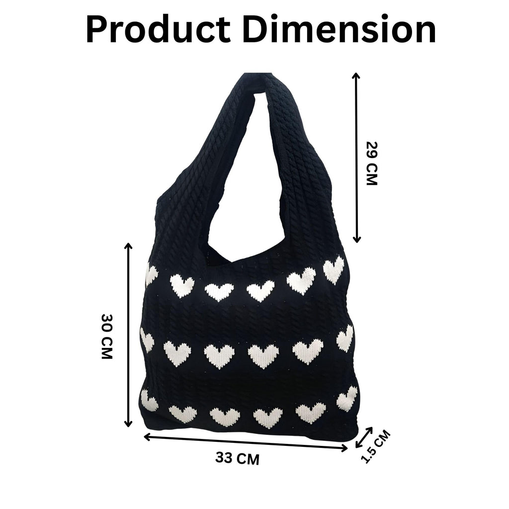 ZOYZO Premium Knitted Heart Pattern Tote Bag For Women Large Capacity Crochet Shoulder Handbag Stylish Durable Lightweight Bag For Shopping Beach Travel Work Everyday Use(Black,Pack of 1)