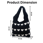 ZOYZO Premium Knitted Heart Pattern Tote Bag For Women Large Capacity Crochet Shoulder Handbag Stylish Durable Lightweight Bag For Shopping Beach Travel Work Everyday Use(Black,Pack of 1)