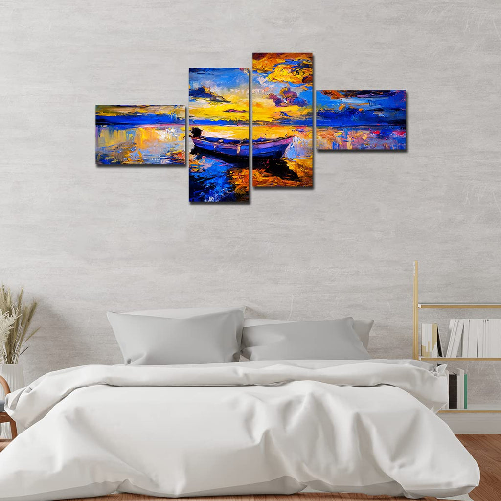 VIBECRAFTS Sunset And Boat On the Water 4 Pieces Canvas Wall Painting Fitted With Wooden Frame For Home | Office | Living Room | Gifts (PTVC4Pcs3_15503)