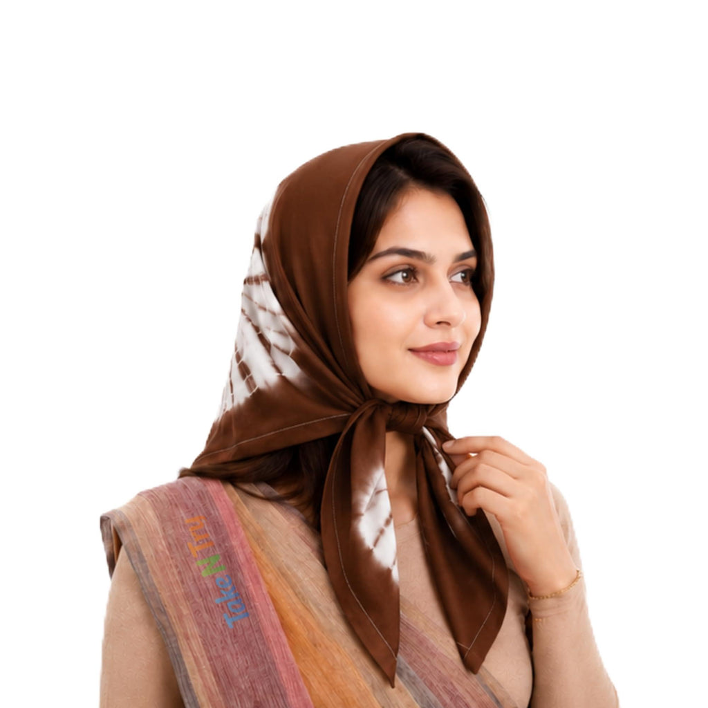 Take N Try Women’s Satin Head Scarf, Square Hair Wrap Cotton Bandana for Head, Neck & Hair, Daily Use, Travel & Ethnic Outfit, 30x30 Inch Fashion Printed Scarves for Female & Ladies Gift (Brown)