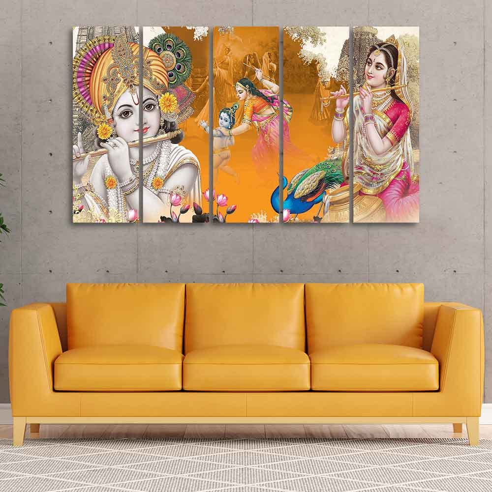 VIBECRAFTS Beautiful Radha Krishna Canvas Big Wall Painting Wall Art of Five Pieces For Home|Office|Living Room|Gift (PTVC5Pcs4_8724)