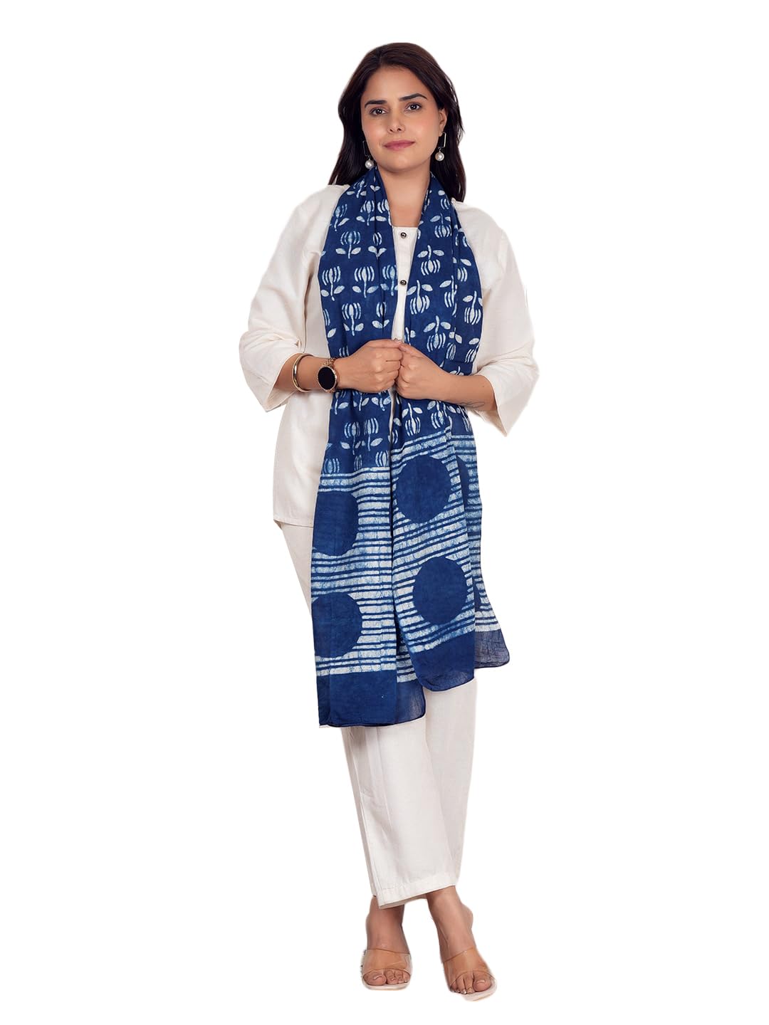 RAI SAHAB Printed Cotton Scarf for Women, Lightweight Soft Scarves Stoles for Summer & Winter(ST-40FLWRBLUE)