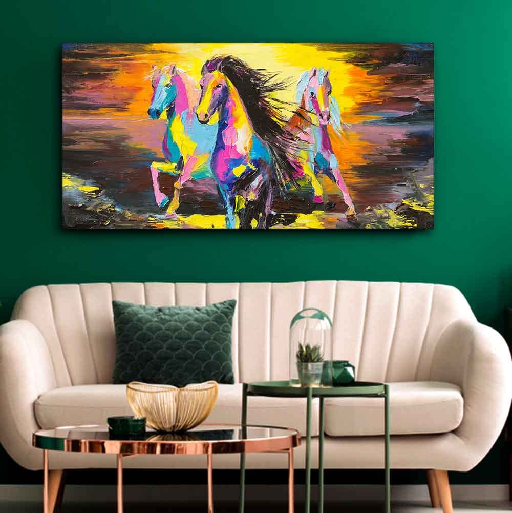VIBECRAFTS Premium Running Horses Canvas Wall Painting Abstract Art With Frame for Living Room Drawing Room Home|Office|Gift (PTVCH_2202N)