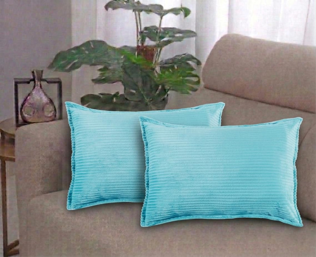 RD TREND® Corduroy Cushion Cover Set of 2, Striped Double Sided Decorative Throw Pillowcases for Sofa, Bed & Living Room Rectangular Long Cushion Covers 18x28 inches | Aqua