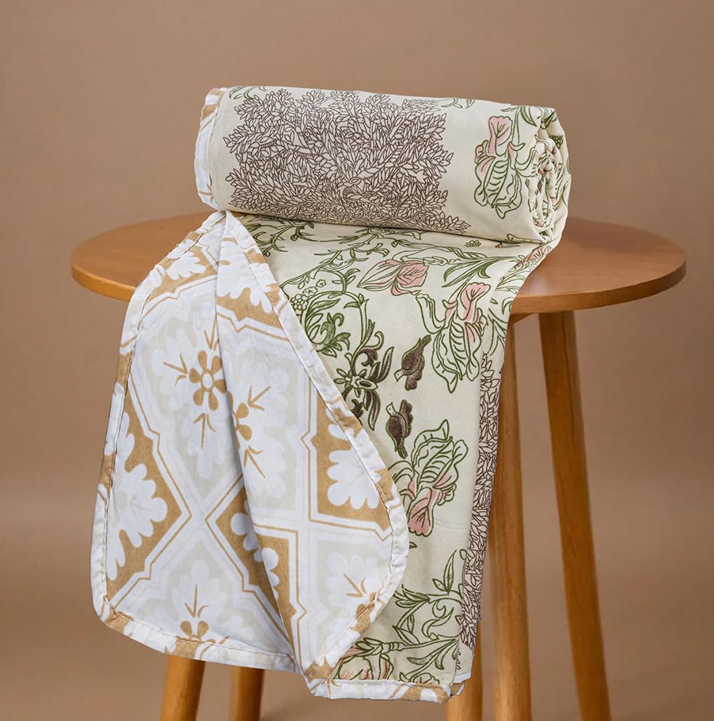 BSB HOME All-Season AC Dohar for Double Bed | 100% Microfiber | Lightweight Breathable Reversible 2 Layer Dohar Blanket for Summer & Air-Conditioned Rooms - Floral Prints, White and Beige Kafalo