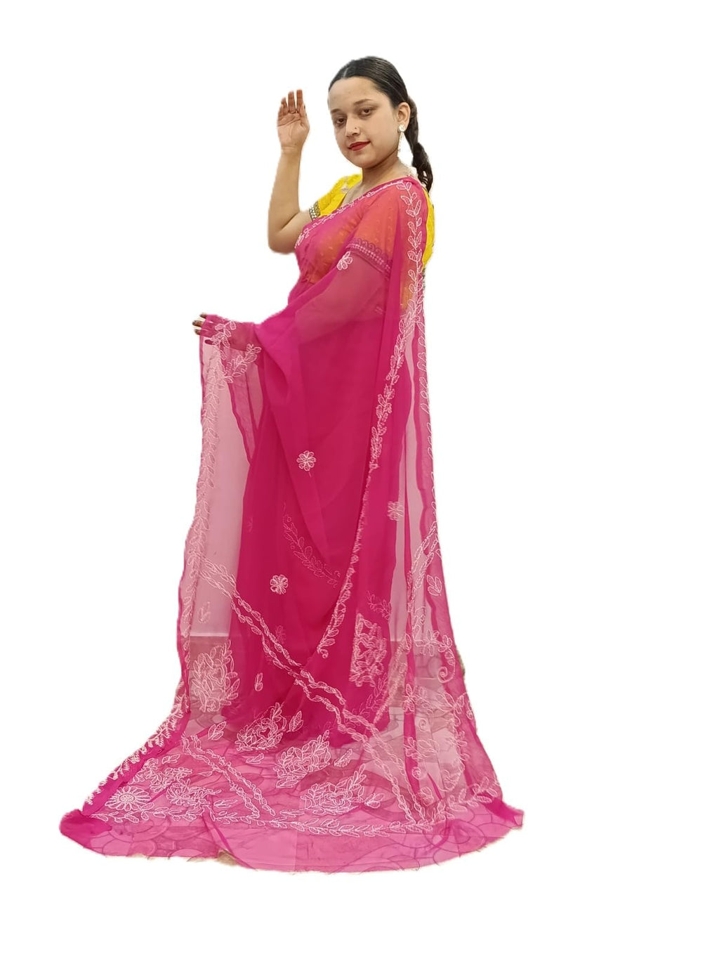 The Sufistore Designer Georgette Saree with White Chikankari Floral Work and Bell Sleeve Blouse | Elegant Traditional Saree for Women | Party, Wedding & Cultural Occasions (Pink)