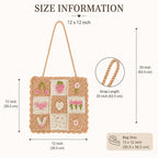 NYCRA Crochet Tote Bag, Beige, Floral and Heart Applique, Scalloped Edge, 30.5 x 30.5 cm, 63.5 cm Strap