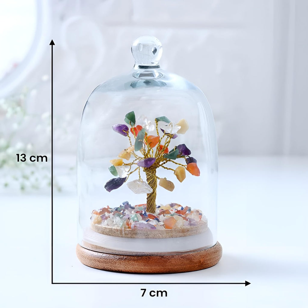 Luxe Art 7 Chakra Crystal Tree in Glass Dome, Handmade Gemstone Bonsai with Wooden Base, Small 15cm Decorative Tree for Home Office, Spiritual Healing Décor