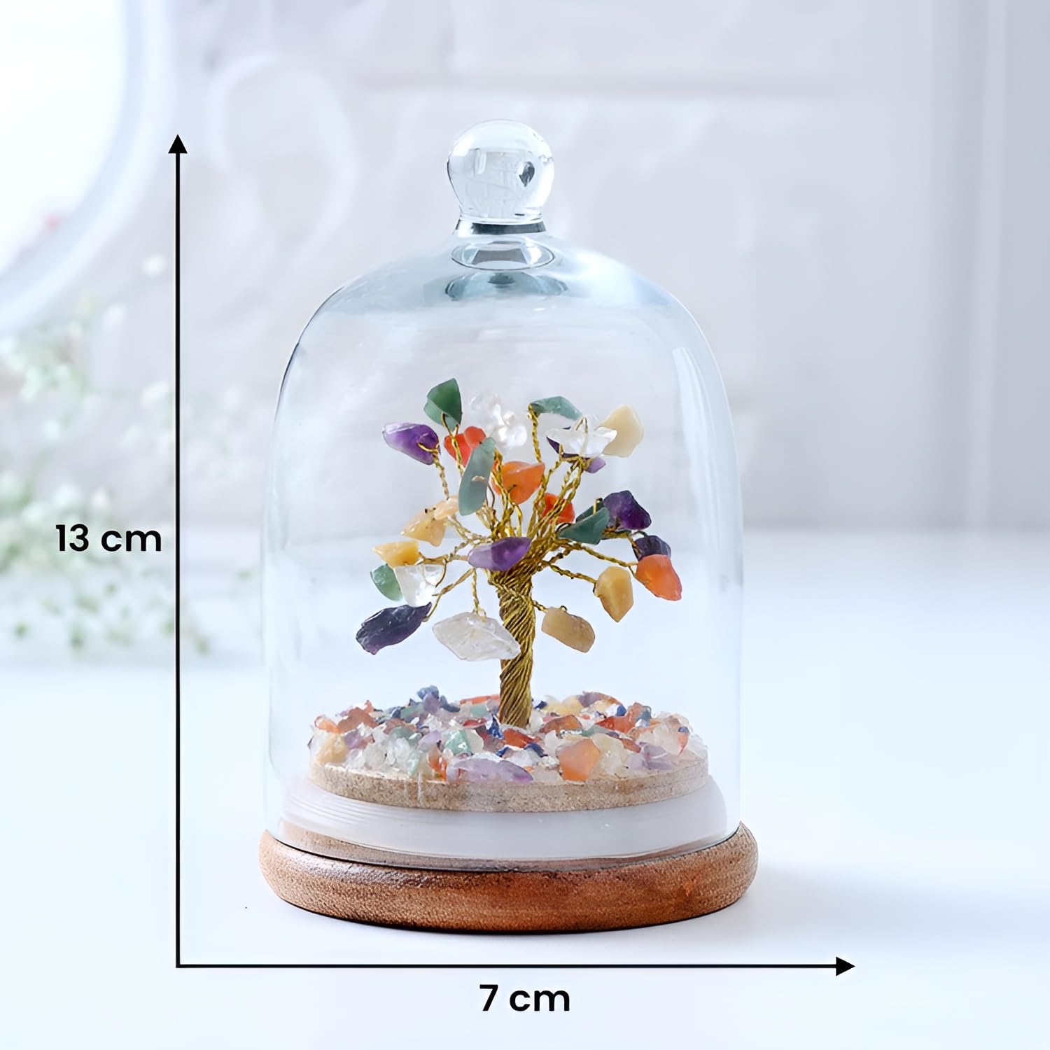 Luxe Art 7 Chakra Crystal Tree in Glass Dome, Handmade Gemstone Bonsai with Wooden Base, Small 15cm Decorative Tree for Home Office, Spiritual Healing Décor