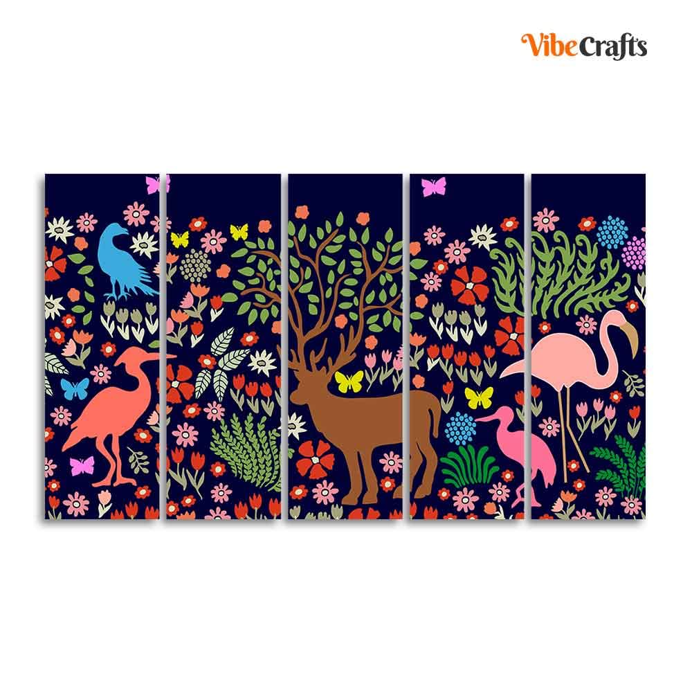 VIBECRAFTS Premium Canvas Folk Art Painting of Animals in Dark Forest Set of Five For Home|Office|Living Room|Gift (PTVC5Pcs4_8639)
