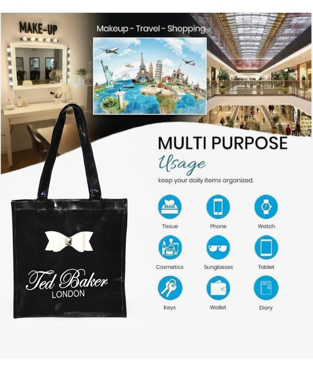 SEA MOUNT London Women’s Black Tote Bag with Bow | Stylish Shoulder Handbag | Premium PU Leather Shopper Bag