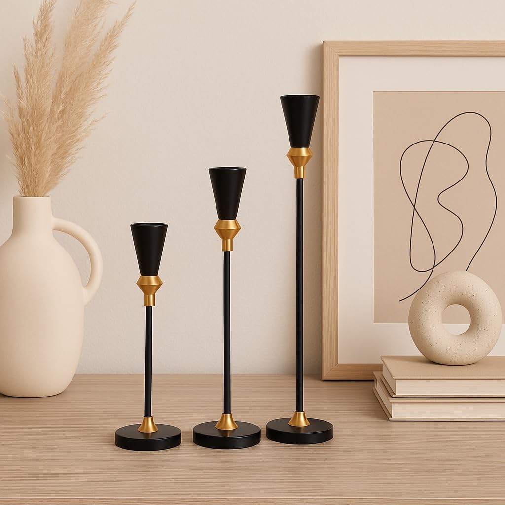 FIDEO Royal Chapel Elegance Acrylic Black Candle Holders Set of 3 | Gold Finish Taper Candle Stand | Premium Decorative Candle Holder for Dining Table Christmas Home Decor Gifting