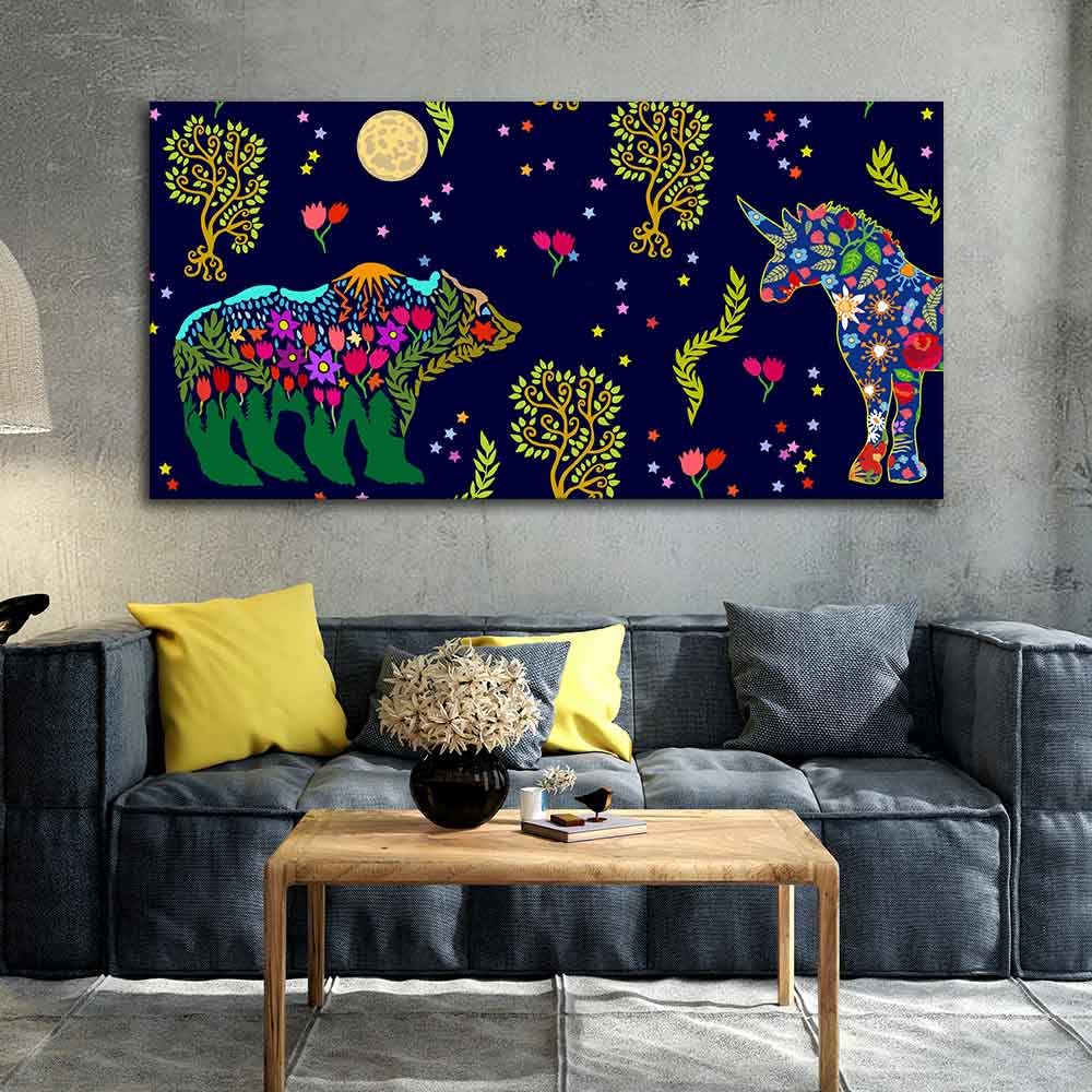 VIBECRAFTS Canvas Paintings for Living Room Drawing Room Folk Night Bears Canvas Wall Painting Fitted With Wooden Frame For Home | Office | Living Room | Gifts (PTVCH_2562)