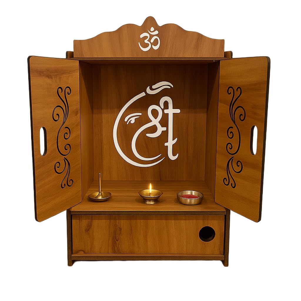 ARTIHC CRAFT Large Wooden Home Temple Mandir with Doors, Krishna Wall Art Design, Dual Storage Drawers, and Wall-Mounting Capability, Ideal Pooja Unit for Home Worship| Sculpture-Door-Shree