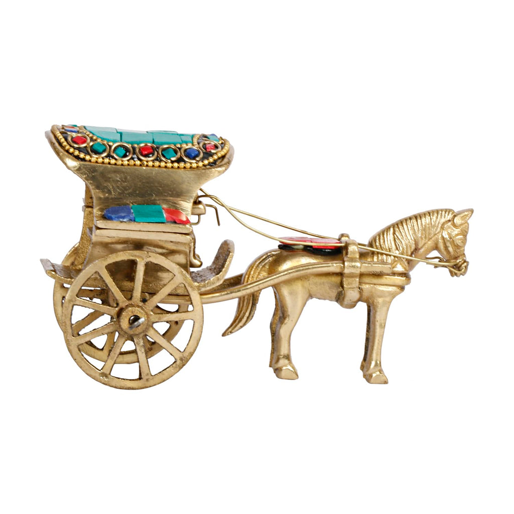 ARTVARKO Horse Cart Replica Brass Gemstone Handwork for Study Table Vastu Decor Fengshui Ashav Idol Murti Tanga Showpiece Statue 5.5 Inch