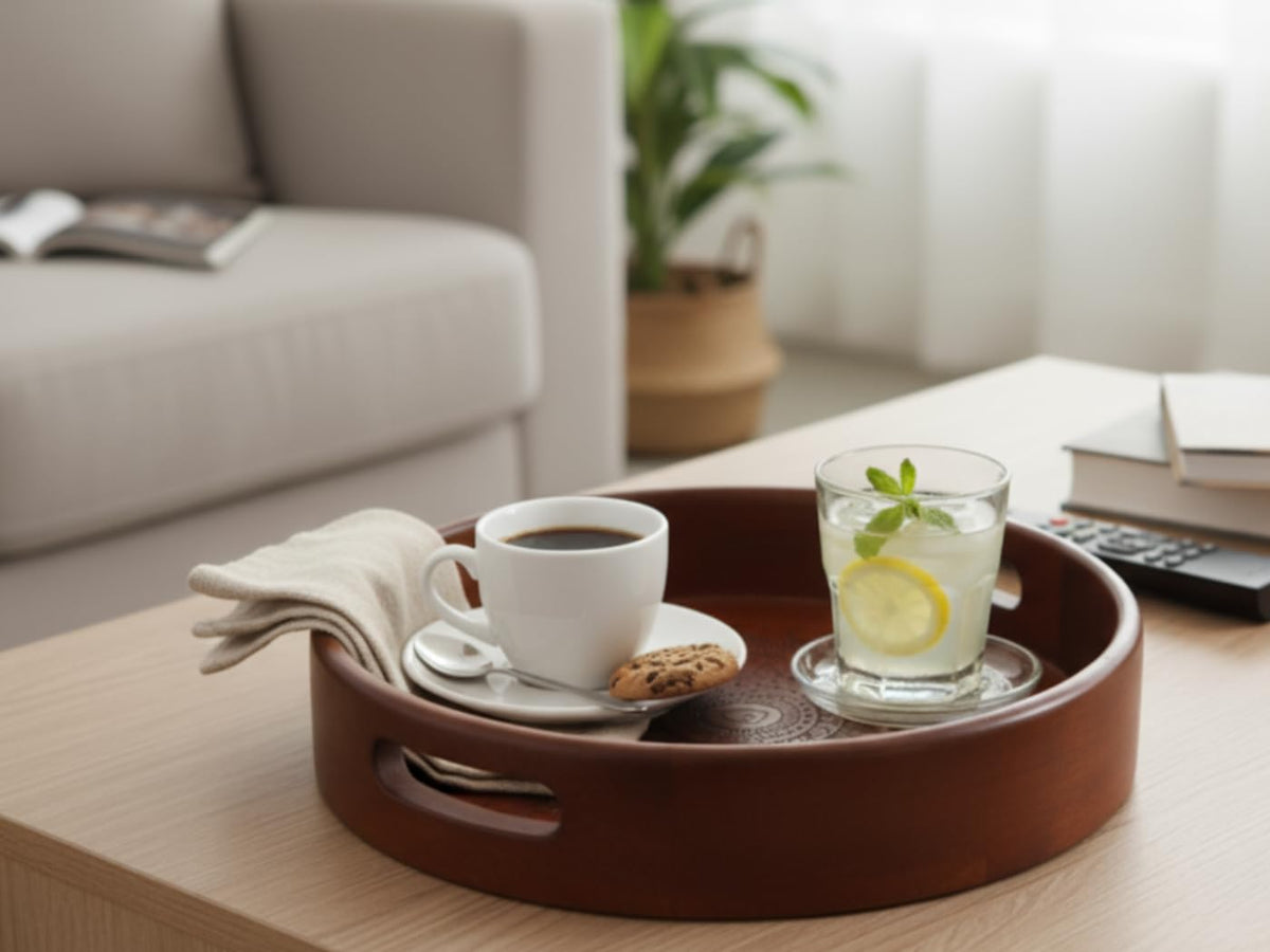Vesta Homes Premium Wood Round Serving Tray for Home/Kitchen/Restaurant/Office Organizer/Dining Table | Premium Serving Trays | 30.5 x 30.5 x 5 cm | Handcrafted in India