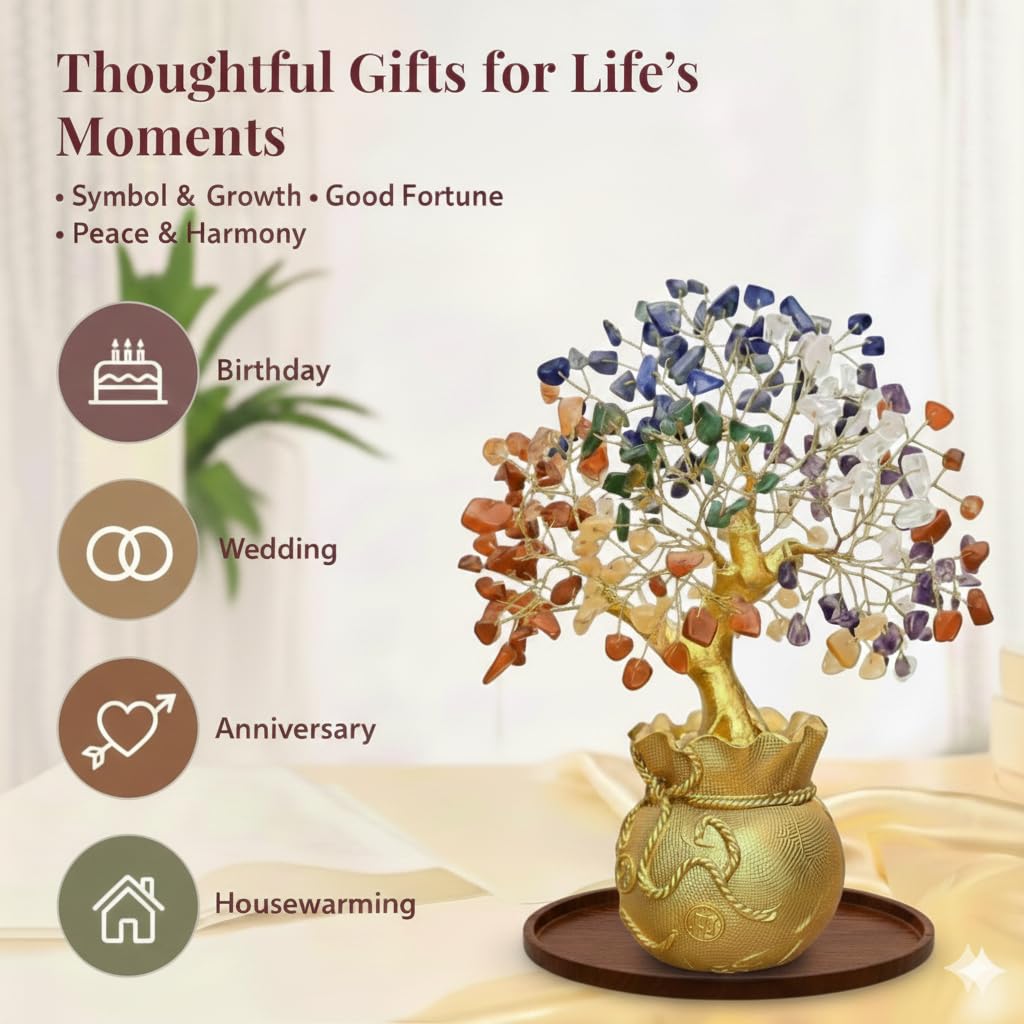 7 Chakra Crystal Tree with Golden Money Bag Base | Natural Gemstone Money Tree for Wealth Prosperity & Positive Energy | Feng Shui Vastu Tree for Home Office Decor & Good Luck Gift