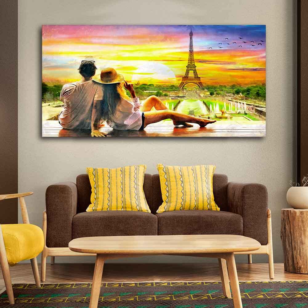 VIBECRAFTS Canvas Paintings for Living Room Drawing Room Couple Watching Sunset Paris Canvas Wall Painting Fitted With Wooden Frame For Home | Office | Living Room | Gift (PTVCH_2465)