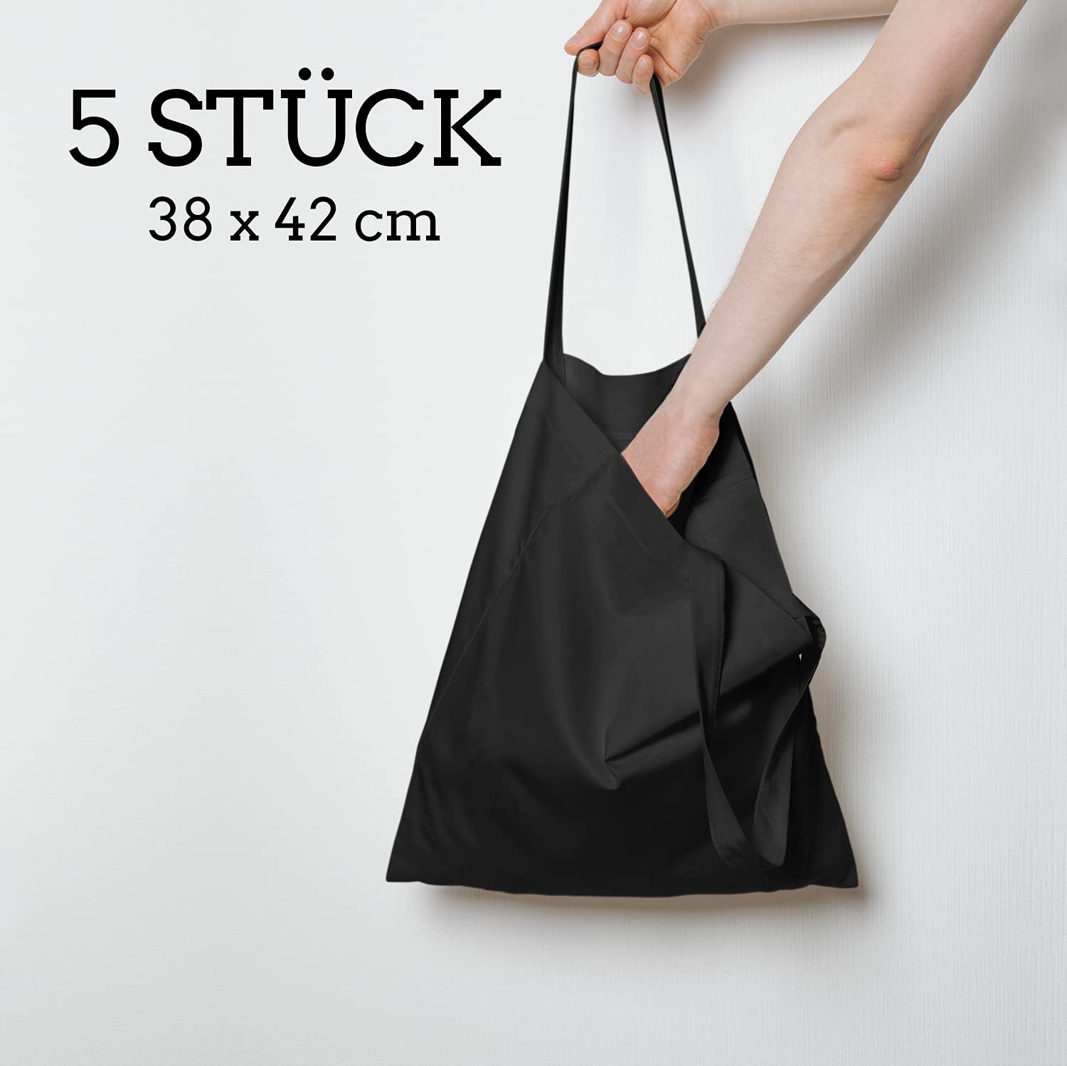 ELES VIDA Cotton bag 38x42cm, unprinted, two long handles OEKO-TEX® certified Fabric bag, carry bag, cotton bag, shopping bag, jute bag, fabric bag shopping bag for painting, Black | 5 Pieces, 38x42