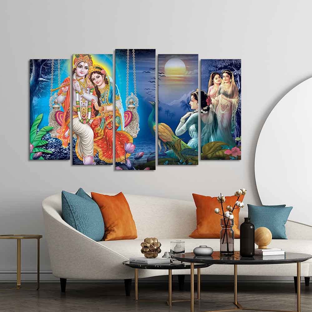 VIBECRAFTS Beautiful Radha Krishna Canvas Wall Painting Set of Five Pieces For Home|Office|Living Room|Gift (PTVC5Pcs2_6603)