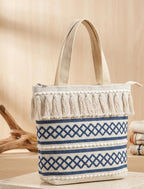 Wisdom Decor Handwoven Cotton Tote Bag with Blue Geometric Pattern, Bohemian Tassels, and Pom-Poms – Stylish Shoulder Bag for Daily Use, Beach, and Travel