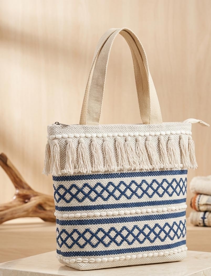 Wisdom Decor Handwoven Cotton Tote Bag with Blue Geometric Pattern, Bohemian Tassels, and Pom-Poms – Stylish Shoulder Bag for Daily Use, Beach, and Travel