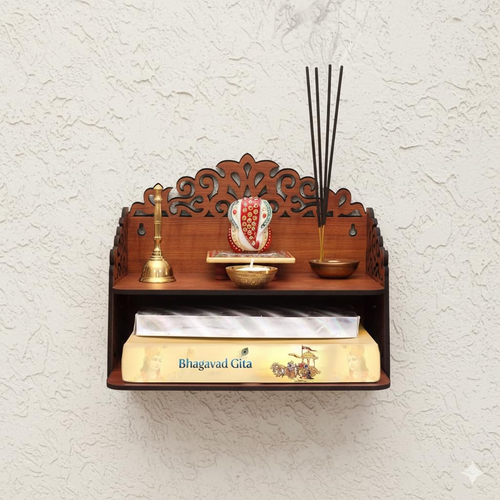 BerryBox Wood Hand Crafted Om Pattern Home Temple for Puja Temple for Home and Office l Puja Mandir l Wooden Mandir l Compact Pooja Ghar Stand for Prayer Room, Living Room Decor (Design 6)