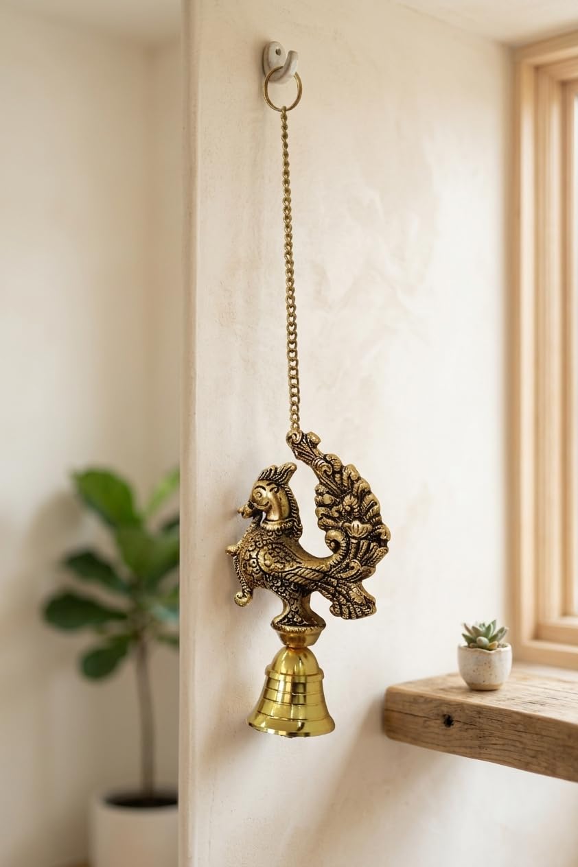 KridayKraft Decorative Peacock Design Hanging Bell for Home Decor, Antique Gold Finish Metal Door Hanging, Spiritual Wall Hanging for Living Room, Entrance & Temple - 35 cm Length