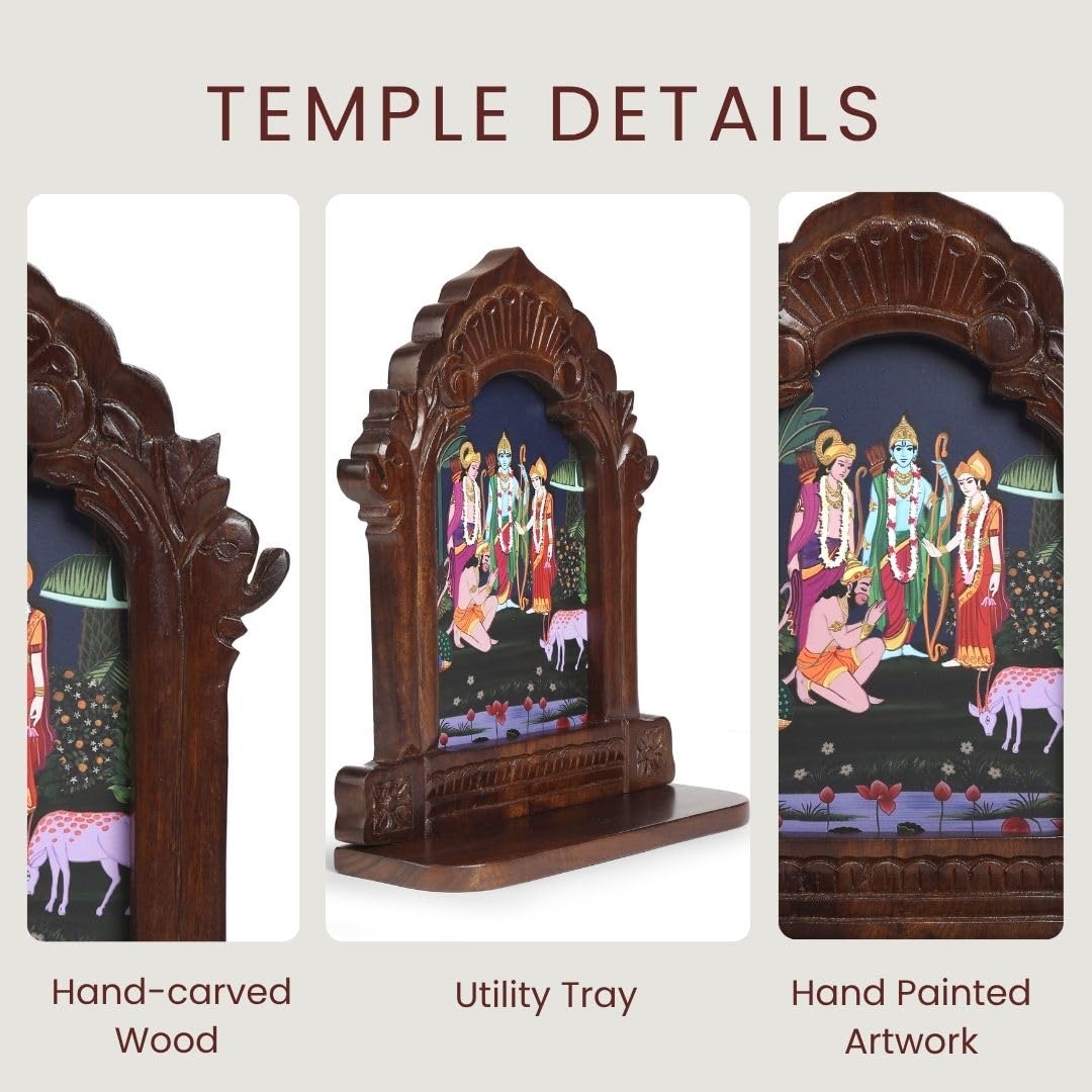 RITUALISTIC Wooden Mandir for Home Wall | Home Temple with Removable Tray | Compact Wooden Mandir for Daily Pooja |Wall Mounted Pooja Stand for Home Décor | Dimension 11.5 x 4 x 14 inches | Ram Darbar