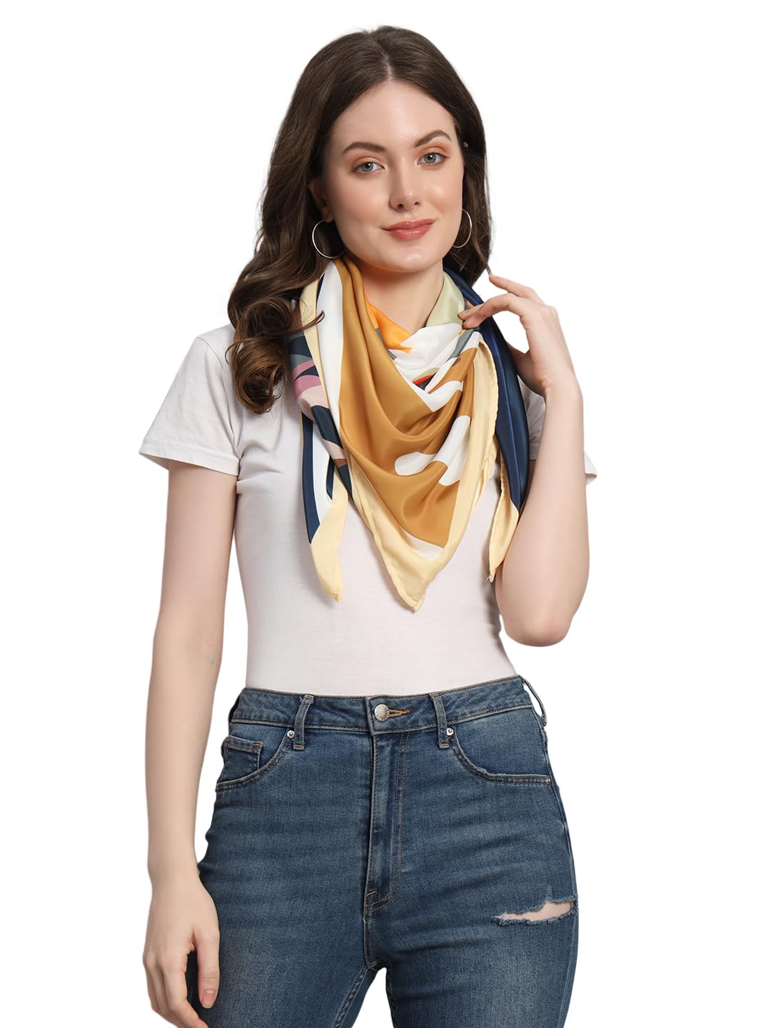 Ravaiyaa - Attitude is everything Women's Crepe Silk Digital Print Large Square Scarf Breathable Lightweight Neckerchief Printed Headscarf 40 x 40 Inch (Yellow & Brown)