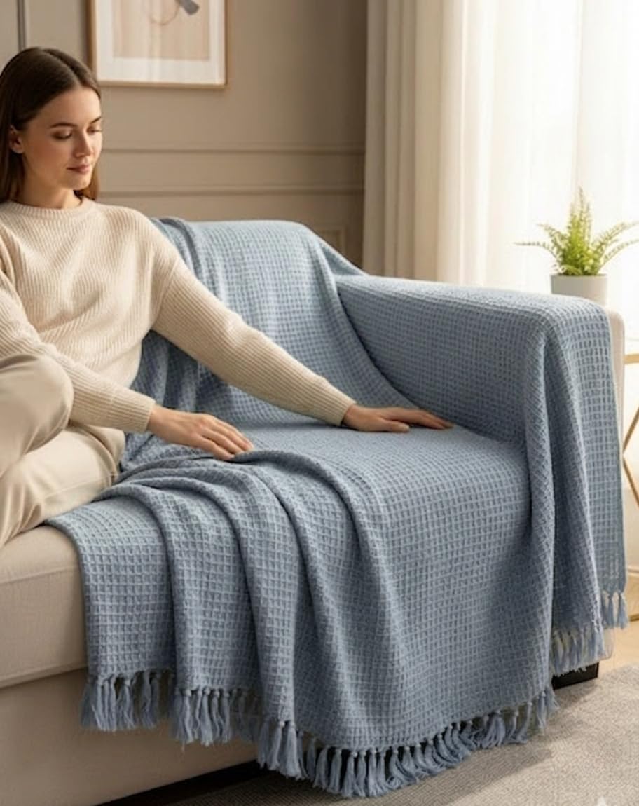 HAKAM Cotton Handloom Waffle Slub Throw Blanket for Sofa & Bed | Soft Lightweight Decorative Throw with Tassels | All-Season Cosy Couch & Bed Throw - 125 x 150 cm, Pack of 1 (Chambray Blue) Kafalo