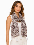 Women's Printed cotton Scarf with Tassels, Lightweight Boho Stole, 180x50 cm, All Seasons (red) (White)