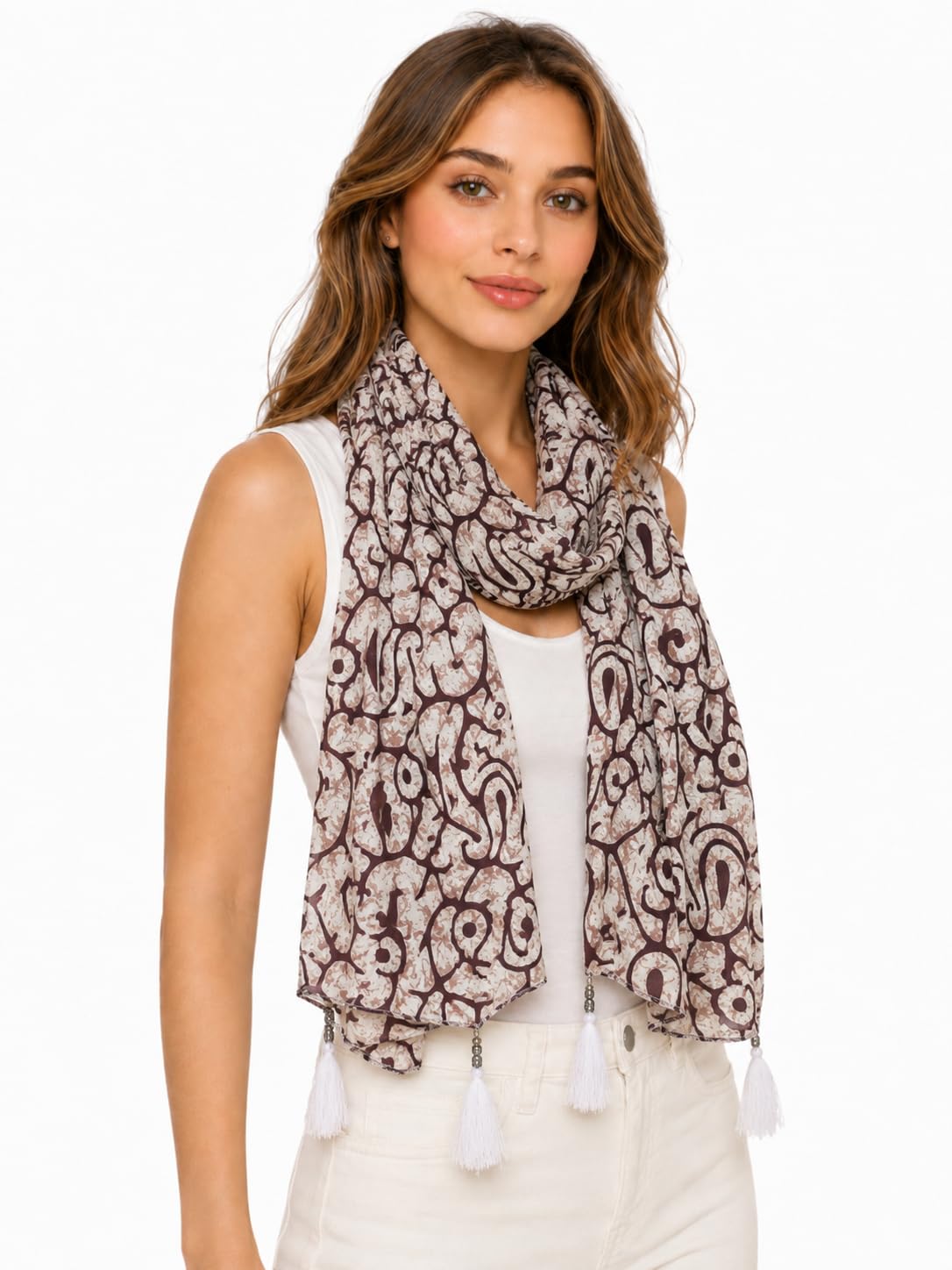 Women's Printed cotton Scarf with Tassels, Lightweight Boho Stole, 180x50 cm, All Seasons (red) (White)