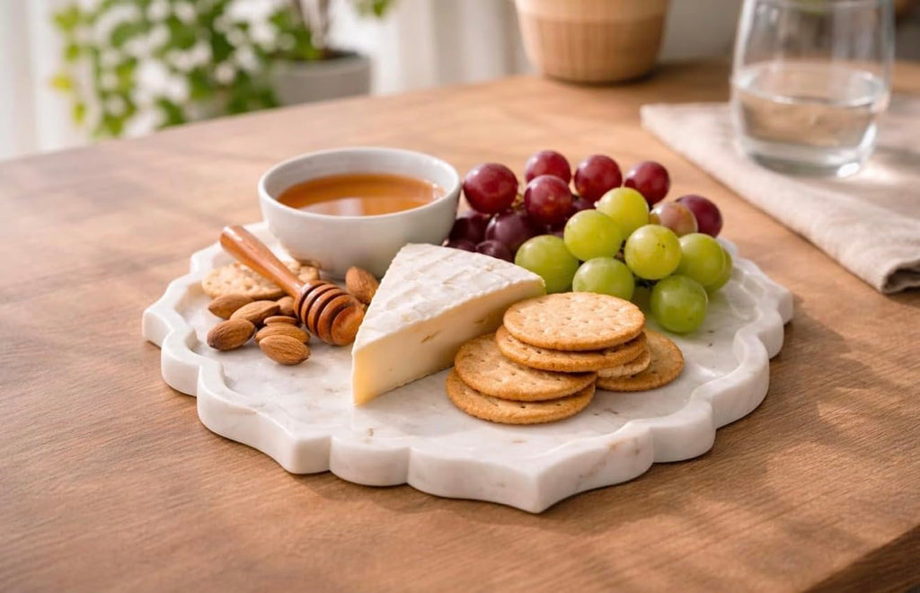 Kay31 10 Inch White Marble Serving Tray with Scalloped Edge, Round Decorative Platter for Jewelry, Vanity Organizer, Home Décor, Decorative Tray (DT-10)