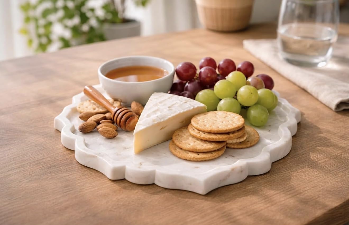 Kay31 10 Inch White Marble Serving Tray with Scalloped Edge, Round Decorative Platter for Jewelry, Vanity Organizer, Home Décor, Decorative Tray (DT-10)
