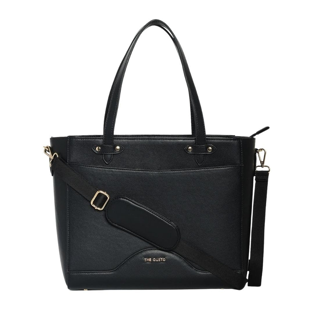 The Gusto Black Ardor - Premium Vegan Leather Tote Bag For Women | Stylish Hand Bag/Shoulder Bag With Zip, Fits Upto 14 Laptop | Office, Casual, College Use | Detachable Sling, Handcrafted