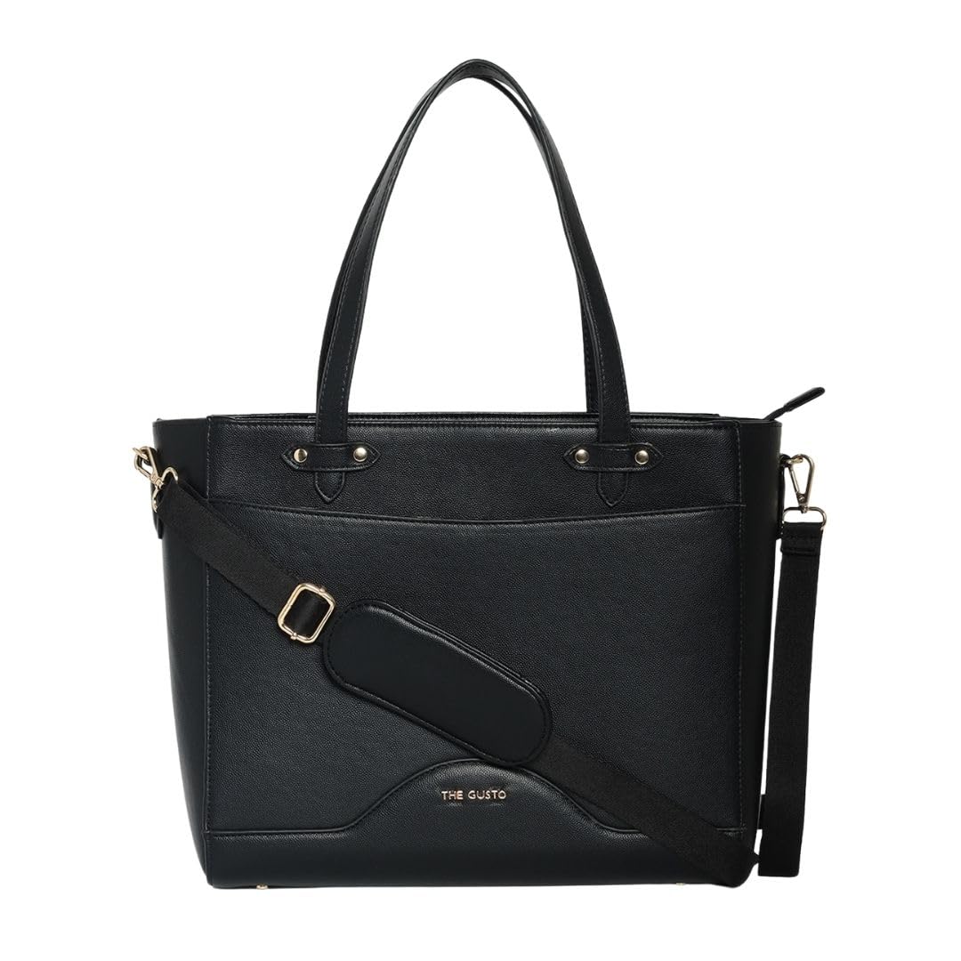 The Gusto Black Ardor - Premium Vegan Leather Tote Bag For Women | Stylish Hand Bag/Shoulder Bag With Zip, Fits Upto 14 Laptop | Office, Casual, College Use | Detachable Sling, Handcrafted