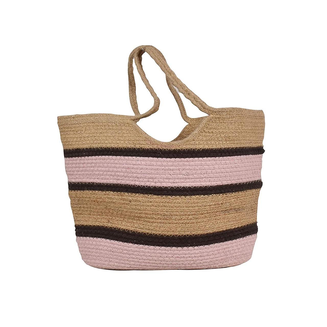 ROSSLYN Big Eco-Friendly Reusable Jute&Cotton Bag for Cloth Shopping Bags for Daily use Market Carry Milk Grocery Fruits Vegetable with Reinforced Handle jhola Bag (PINK)