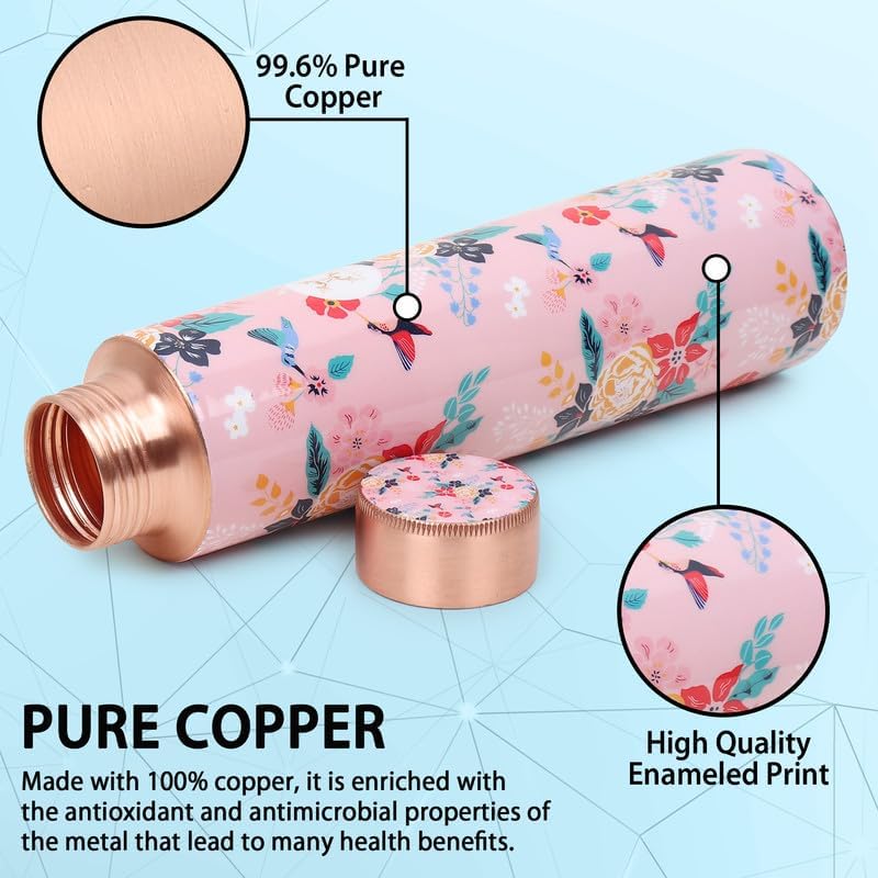 MERCAPE Pure Copper Water Bottle 900 ml with Floral Printed Design | Jointless Construction | Leak-Resistant Screw Cap | Reusable Copper Bottle for Home, Office, Gym, Travel & Daily Use