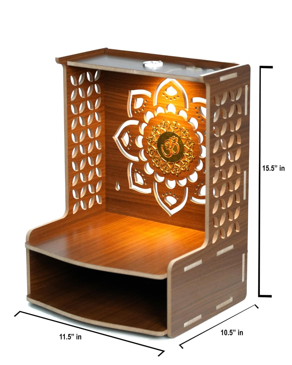 PIXELCRAFTS Wooden Temple Puja Mandir Art and Craft Temple for Home Shop Office with LED SPOT Light. (Size – H 15.5X L 11.5 x W 10.5 inch)