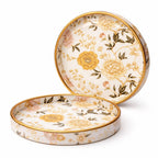 Dreams n Decor Floral Round Wooden Tray Set of 2 | MDF Serving Tray with Gold Enamel Finish | Decorative Tray for Home, Coffee Table & Gifting | 7 & 9 Inch | Kitchen & Dining