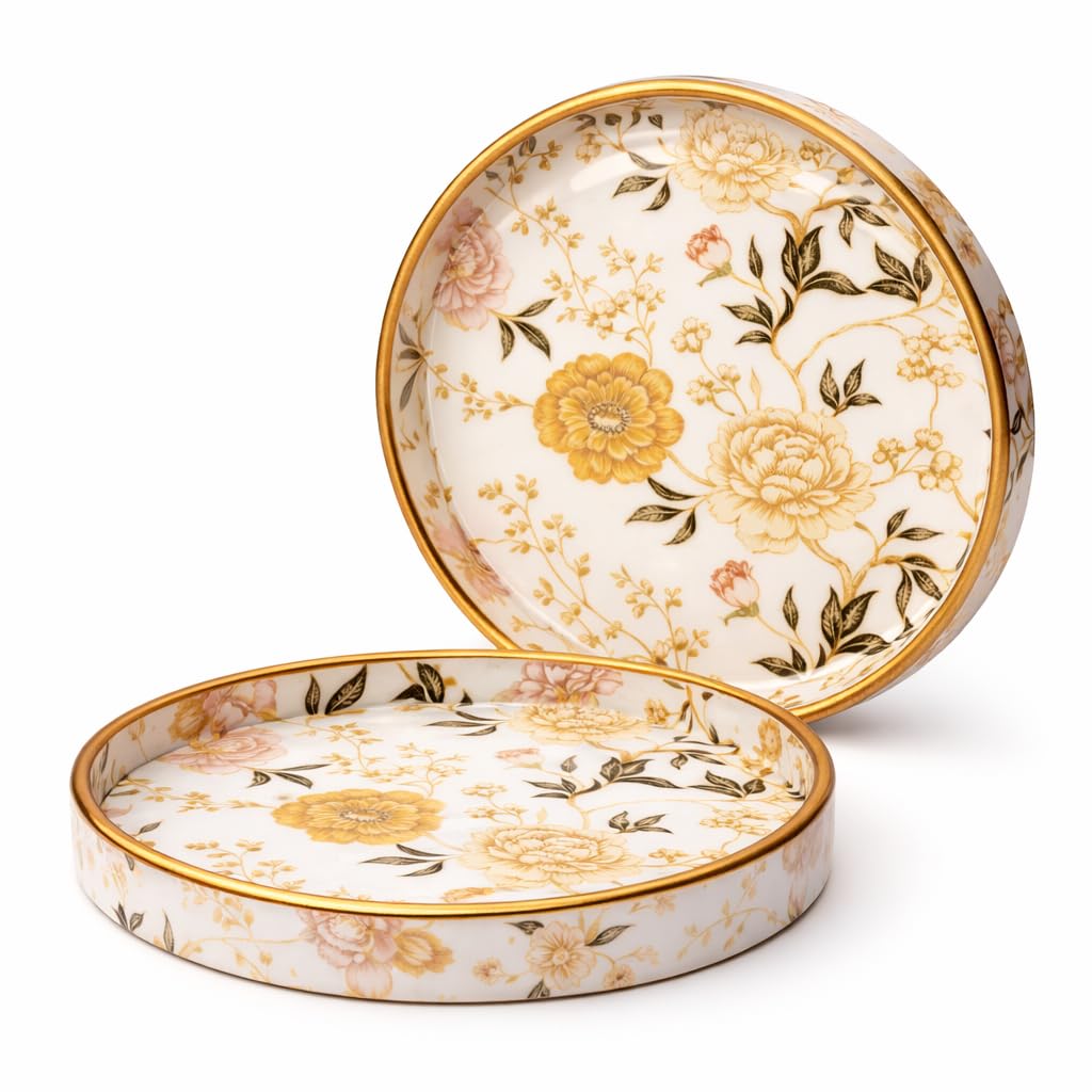Dreams n Decor Floral Round Wooden Tray Set of 2 | MDF Serving Tray with Gold Enamel Finish | Decorative Tray for Home, Coffee Table & Gifting | 7 & 9 Inch | Kitchen & Dining