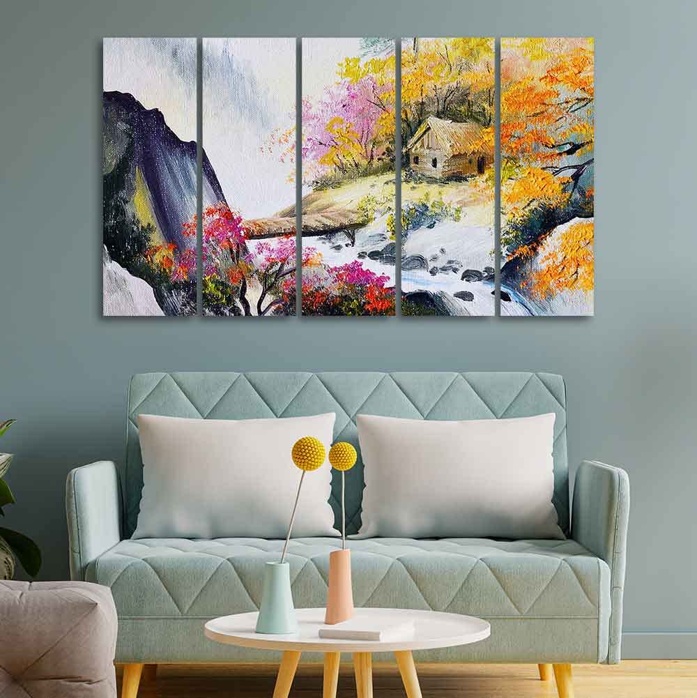 VIBECRAFTS Hut at Bank of River Five Pieces Wall Painting For Home|Office|Living Room|Gift (PTVC5Pcs4_8591)