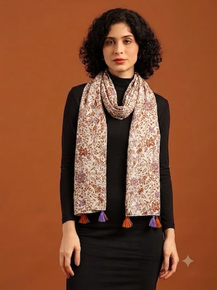 tweedle Pure Cotton Summer Scarf for Women,soft, Printed, Breathable Stole for Sun and Wind Protection - Vrem/Brown
