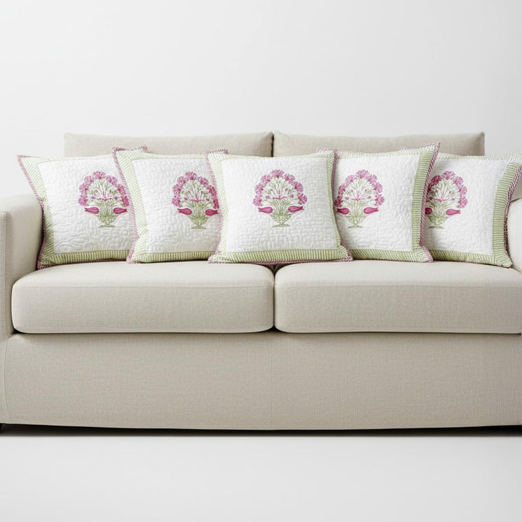 HOMEMONDE Set of 5 Cushion Covers 16x16 Inches – Soft Floral Hand Block Print, Premium Cotton 300 TC Pillow Cases for Living Room & Kids Room – Pink (40x40 cm)